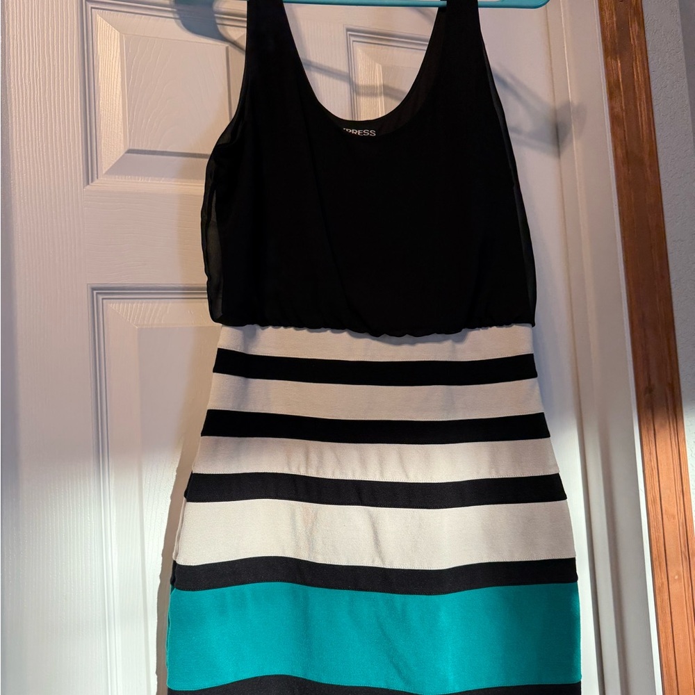 Black and White Striped Dress with Teal Accent